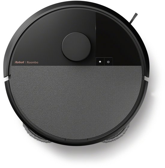Zicht op de bovenkant van een zwarte robotstofzuiger met een grijs rooster en het Roomba-logo.