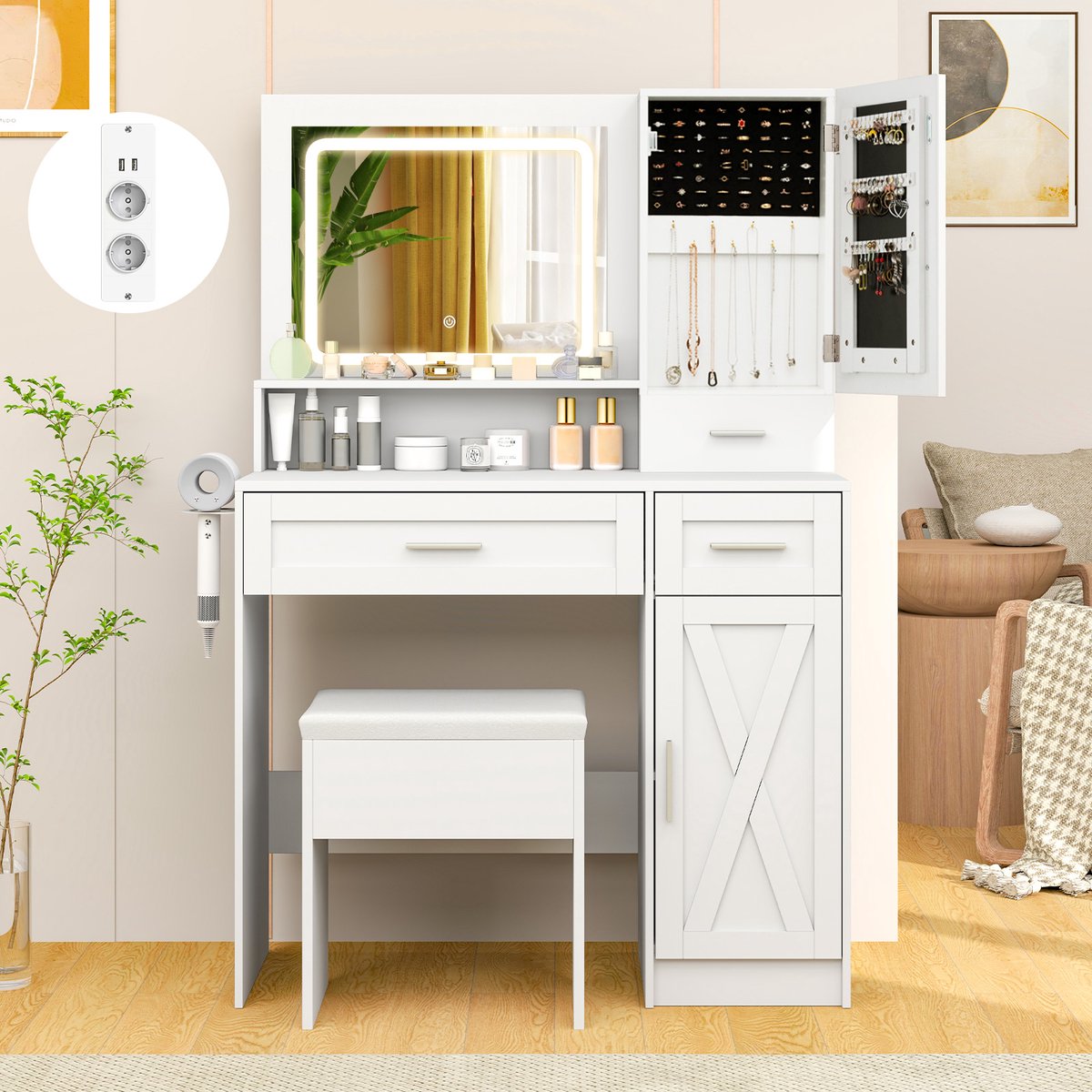 COSTWAY Make-uptafel met ledverlichting, 3 kleuren met instelbare helderheid, kaptafel met laadstation, sieradenkast, kruk, spiegel, laden, kast en haardrogerhouder, wit