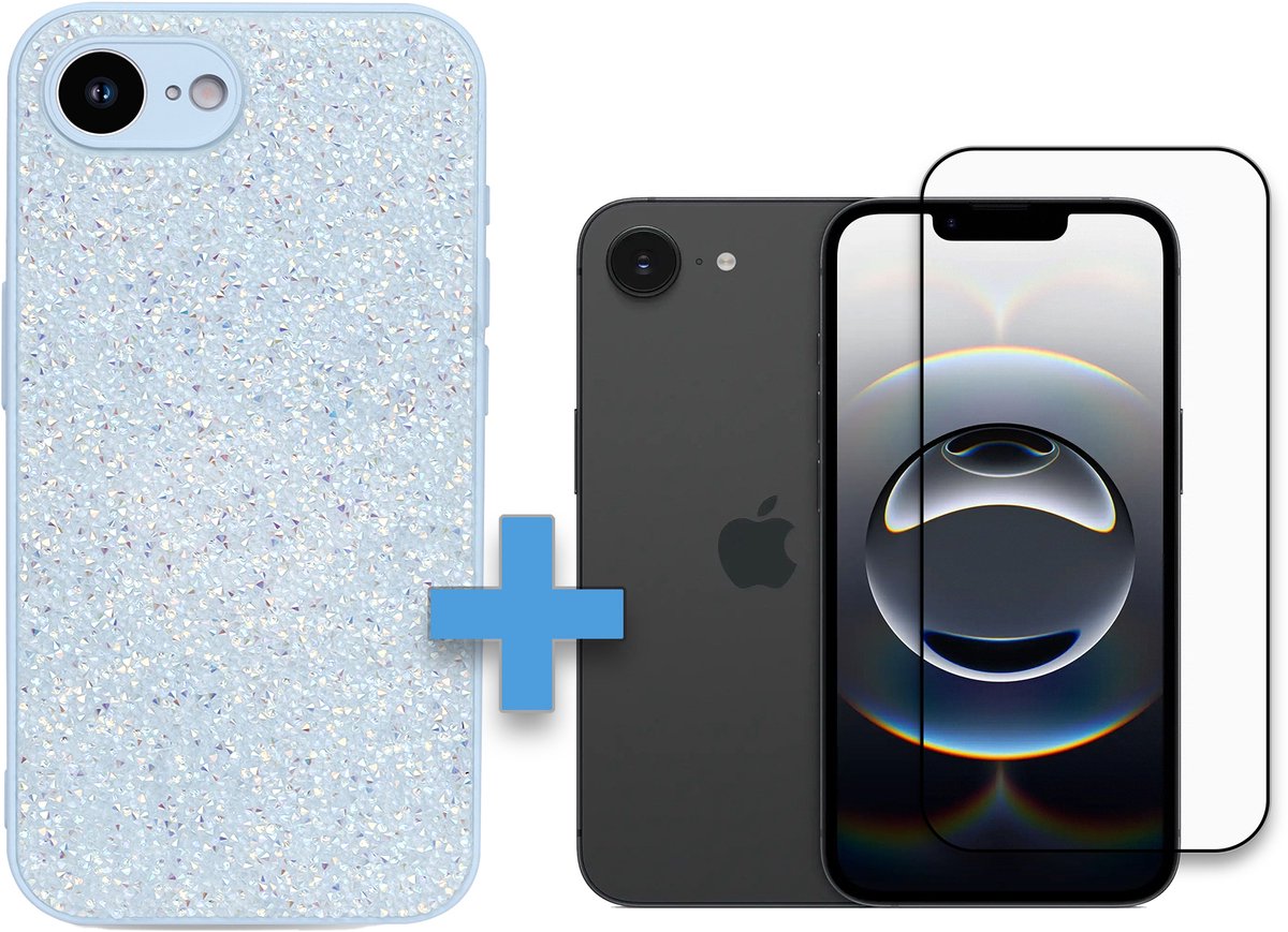 Casemania Hoesje Geschikt voor Apple iPhone 16e - Blauw - Diamant Glitter Back Cover / Volledige Dekkend Glazen Screenprotector
