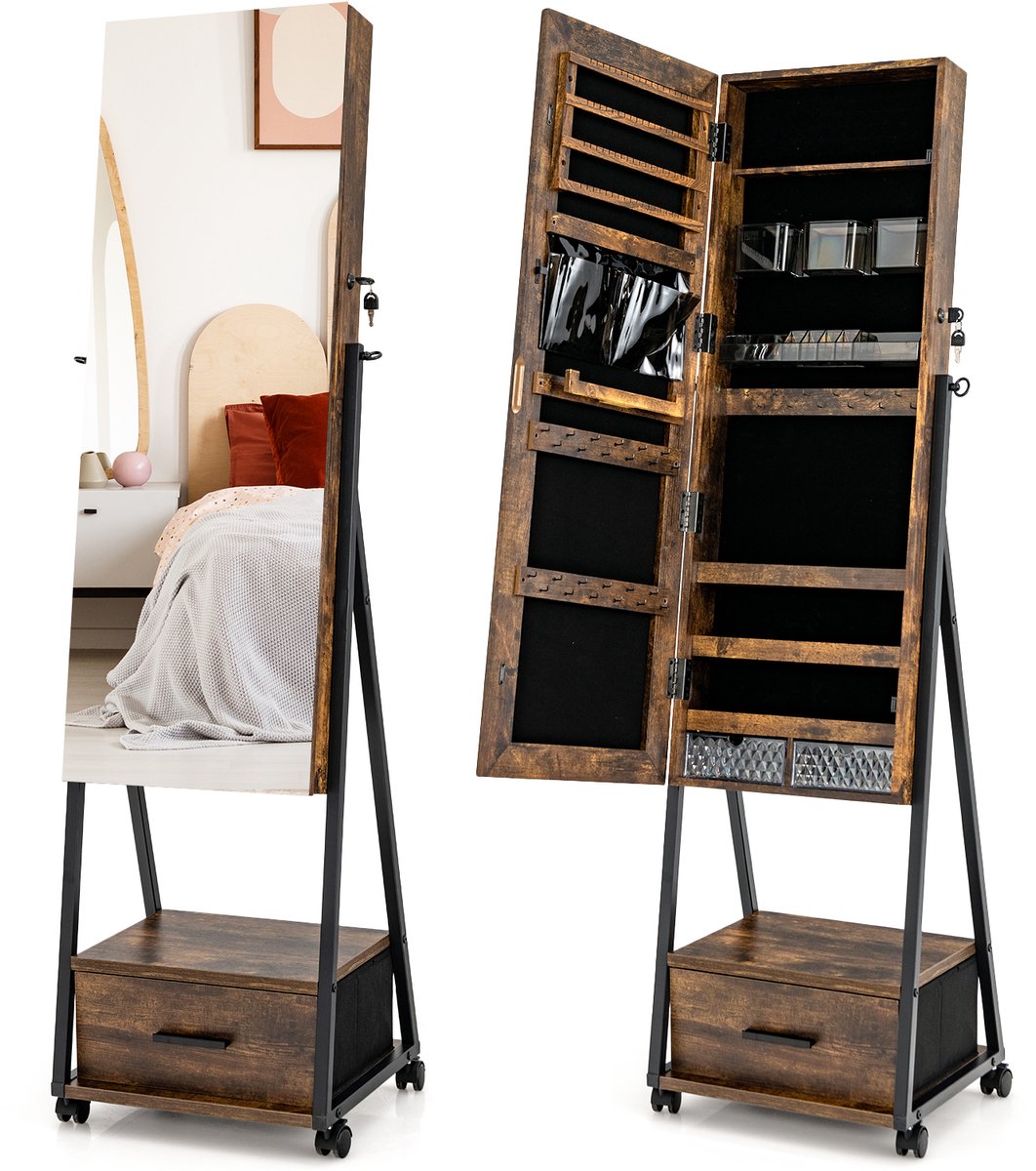 COSTWAY Sieradenkast met spiegel, sieradenspiegelkast met lade, op wieltjes, afsluitbaar, vrijstaand, 42 x 38 x 157 cm (vintage)