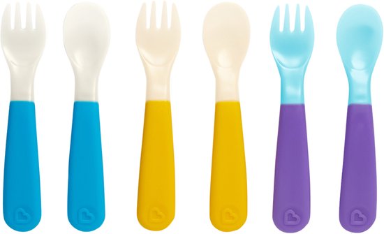 Zes kleurveranderende lepels en vorken: wit/blauw, geel/geel, lichtblauw/paars.