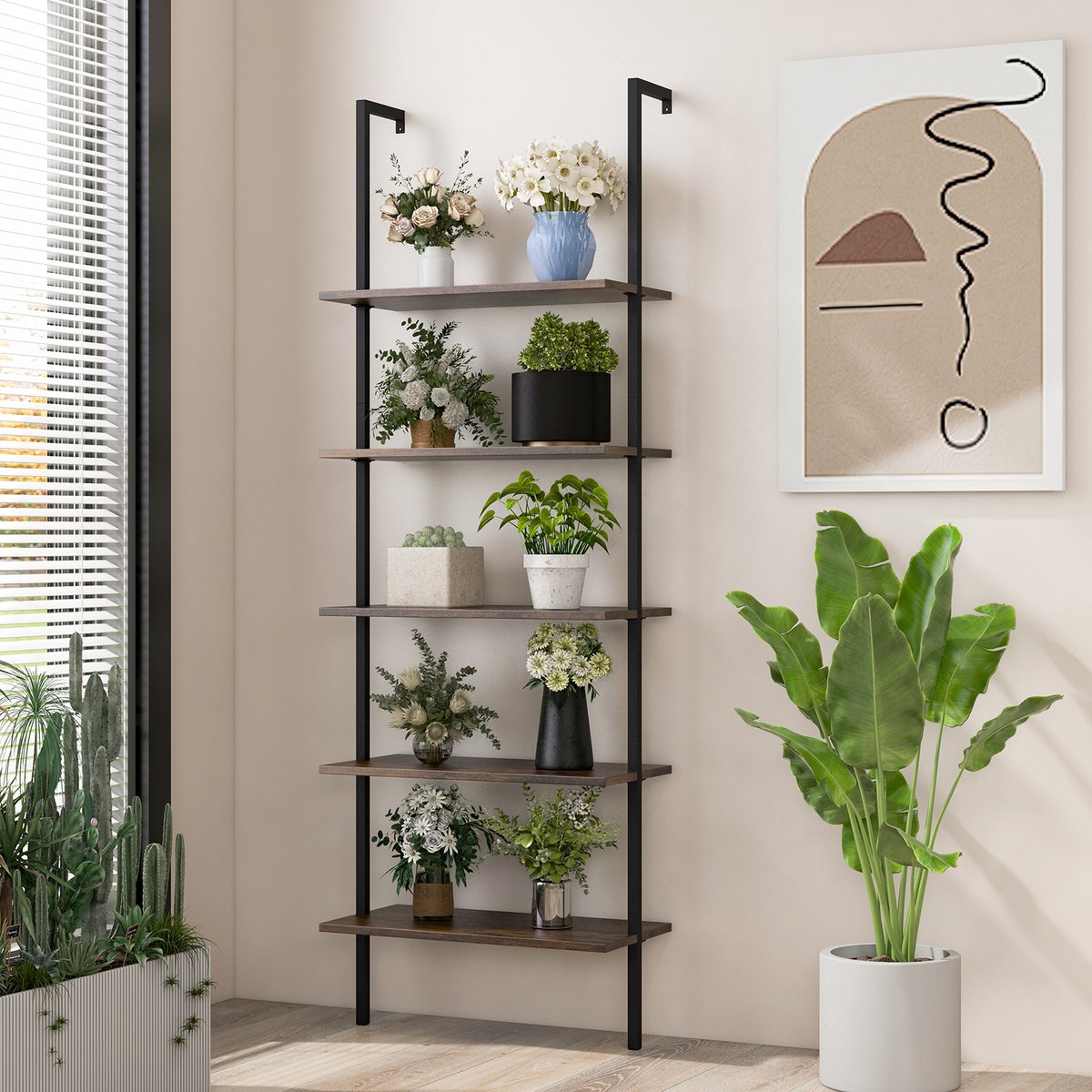 COSTWAY Ladderrek met 5 niveaus, staand rek, boekenkast met metalen frame, trappenrek, voor kantoor, keuken, woonkamer, 61 x 30 x 183 cm (zwart bruin