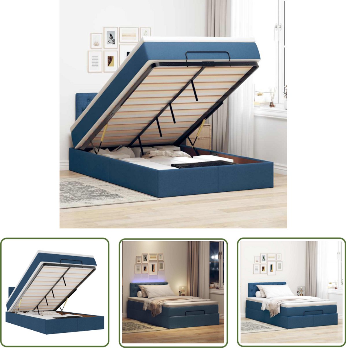 The Living Store Bed poef met matras en LED's 120x190 cm stof blauw - Poef Bed - Boxspring Bed - Tweepersoonsbed - Slaapbank - Stapelbed