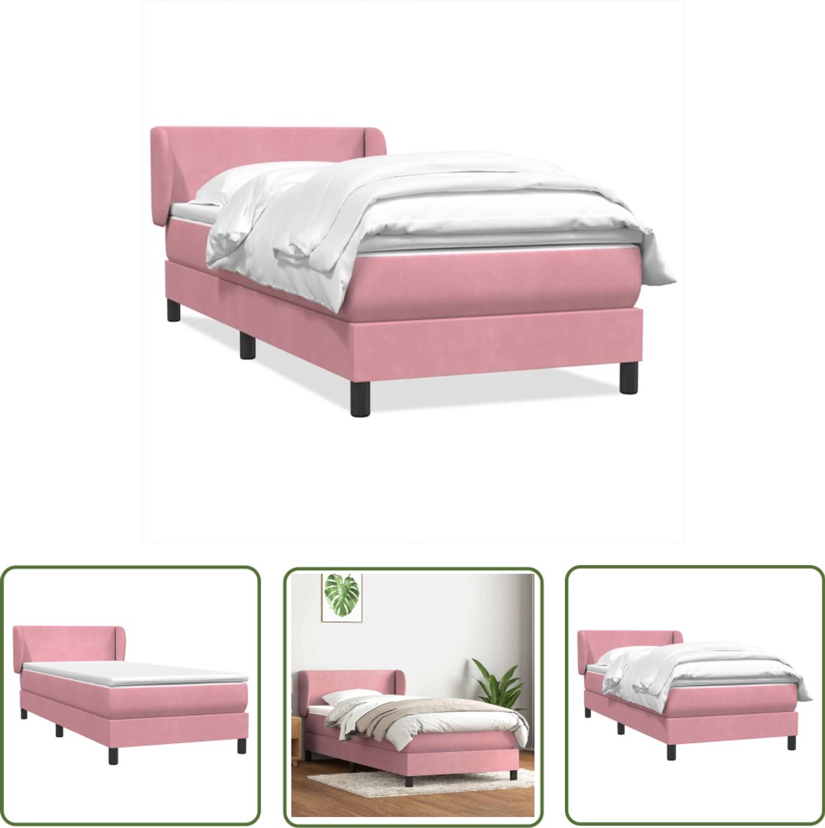 The Living Store Boxspring met matras fluweel roze 90x210 cm - Boxspring - Slaapcomfort - Fluweel - Pocketvering - Hoofdbord