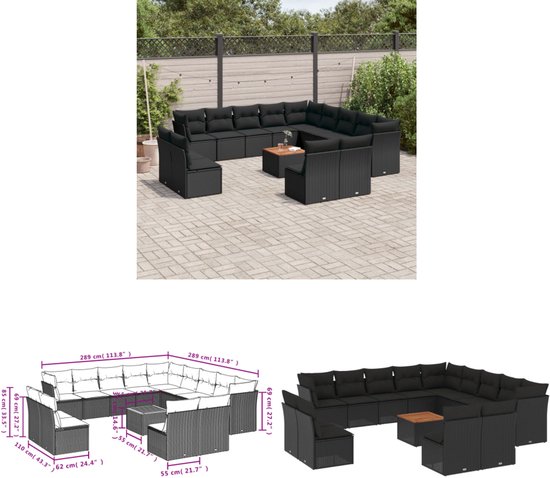 vidaXL 14-delige Loungeset met kussens poly rattan zwart - Loungeset - Loungesets - Tuinset - Tuinbank