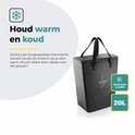 Zwarte koeltas met handvatten, met een icoontje voor warm en koud en '20L'.