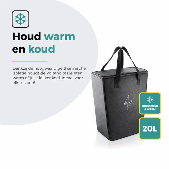 Zwarte koeltas met handvatten, met een icoontje voor warm en koud en '20L'.