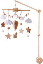 Joymaxx® Mobiel Baby Luchtballon met Houten Houder - Baby Mobiel voor Box - Neutrale Kleur Babykamer Decor - Boxmobiel Vilt en Hout - Wiegmobiel- Kraamcadeau- Muziekmobiel baby- Box Accessoires