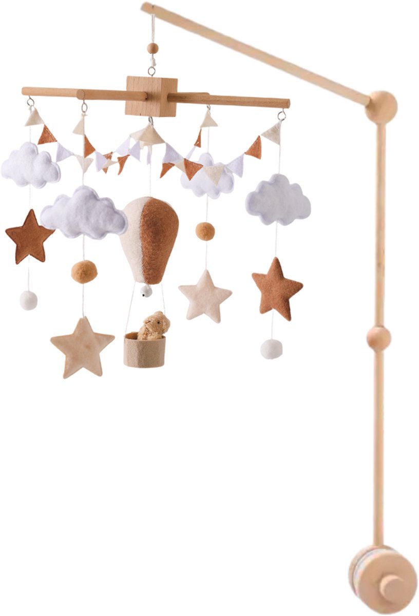 Joymaxx® Mobiel Baby Luchtballon met Houten Houder - Baby Mobiel voor Box - Neutrale Kleur Babykamer Decor - Boxmobiel Vilt en Hout - Wiegmobiel- Kraamcadeau- Muziekmobiel baby- Box Accessoires