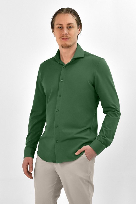 Vercate - Chemise sans repassage - Tricot japonais - Coton piqué - Vert - Slim Fit - Manches longues - Homme - Taille 41/L