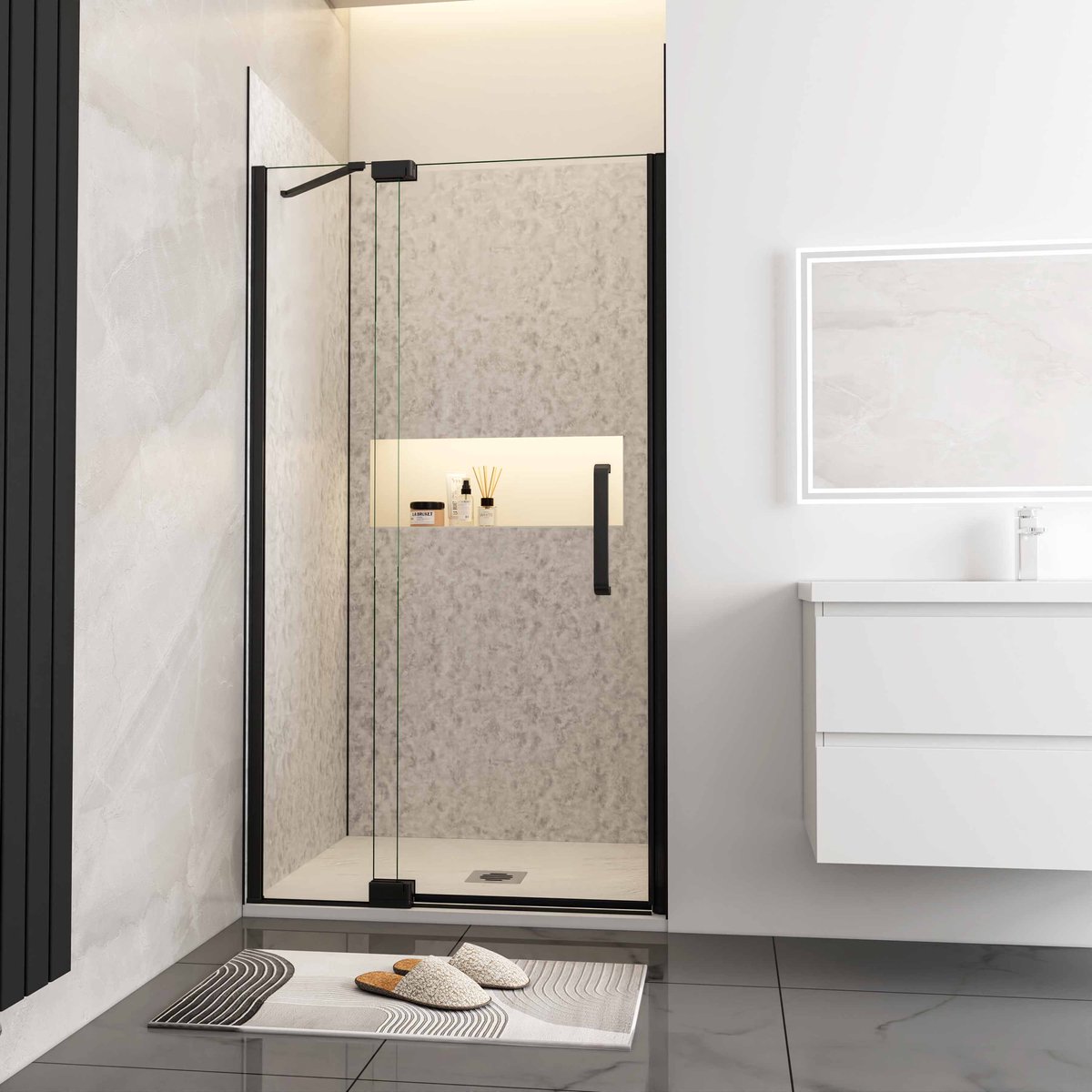 Douchedeur pendeldeur 120x195cm niche (Vast glas+draaideur) 8mm gehard glass easyclean mat wit aluminium profiel-stabilisatiestang