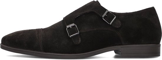 Donkerbruine suède monk schoen, twee gespen, zicht op de zijkant.