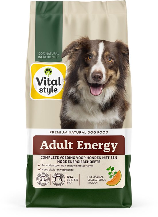 VITALstyle Hond Energy - Geperste Hondenbrokken - Extra Energie Voor Optimale Prestatie - Actief- Met o.a. Brandnetel & Meloen - 10 kg