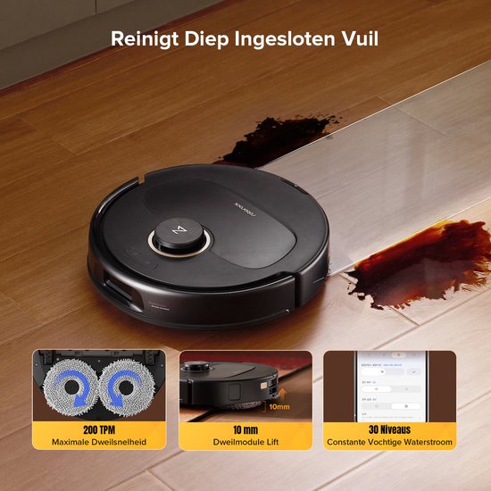 Roborock robotstofzuiger reinigt vlekken op houten vloer met 200 TPM en 10mm dweil lift.