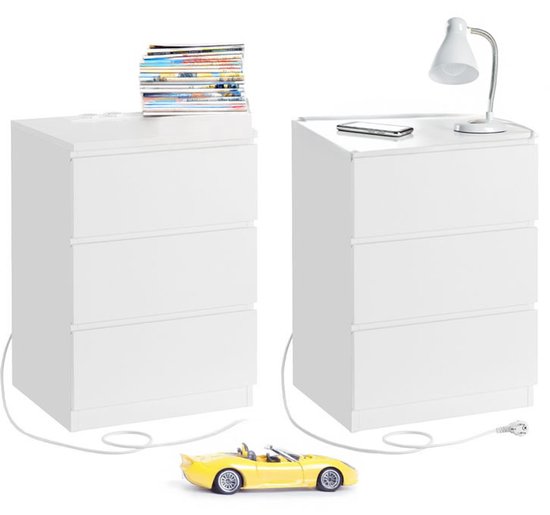 Homesy Nachtkastje set van 2 - Slaapkamer - Modern - Ebbenhout Wit - 3 lades - Met stopcontact