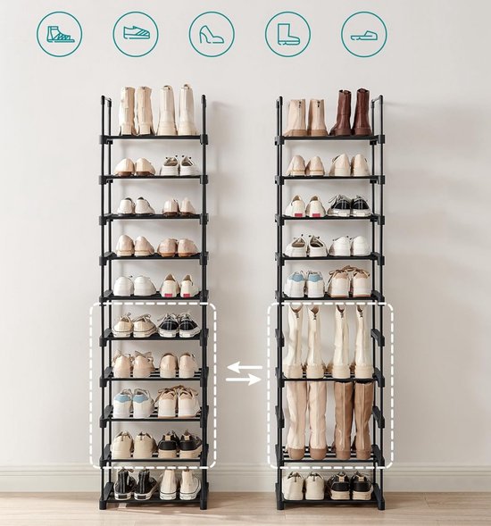 ACAZA Schoenenrek - Schoenenkast - 10 Lagen - 45 x 30 x 174 cm - Voor 20 paar schoenen - Metaal - Zwart