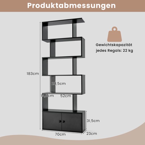 GIANTEX Boekenkast, 5 niveaus, met kast, vrijstaand, van hout, ruimteverdeler, archiefkast met kantelbeveiliging, opbergrek 70 x 23 x 183 cm, houten rek voor woonkamer (walnoot