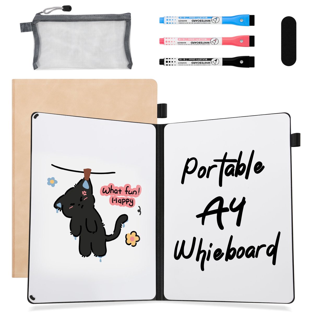 AGM Uitwisbaar notitieboek - Whiteboard notitieblok - A4 - Incl. 3 Pen en 1 Etui - Roze-PU