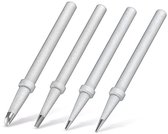 Vier zilverkleurige soldeertips met verschillende puntvormen, diagonaal geplaatst op een witte achtergrond.