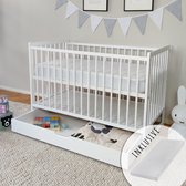 Babybed met matras en lade Kinderbed 60x120 in hoogte verstelbaar & afneembare sporten | wit zeer stevig Made in Europe
