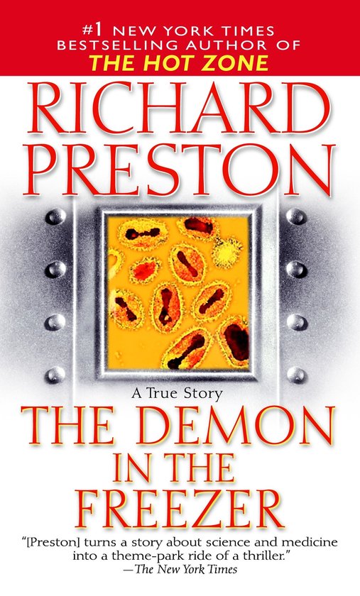 Boek "The Demon in the Freezer" door Richard Preston. Omslag met rode tekst en microscopische afbeelding van bacteriën.