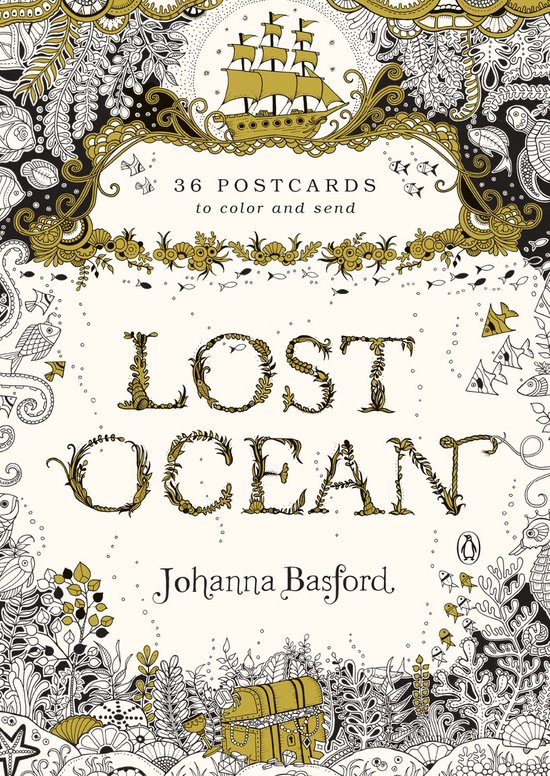 Couverture du livre "Lost Ocean" avec des lettres dorées végétales. 36 cartes postales à colorier et à envoyer.