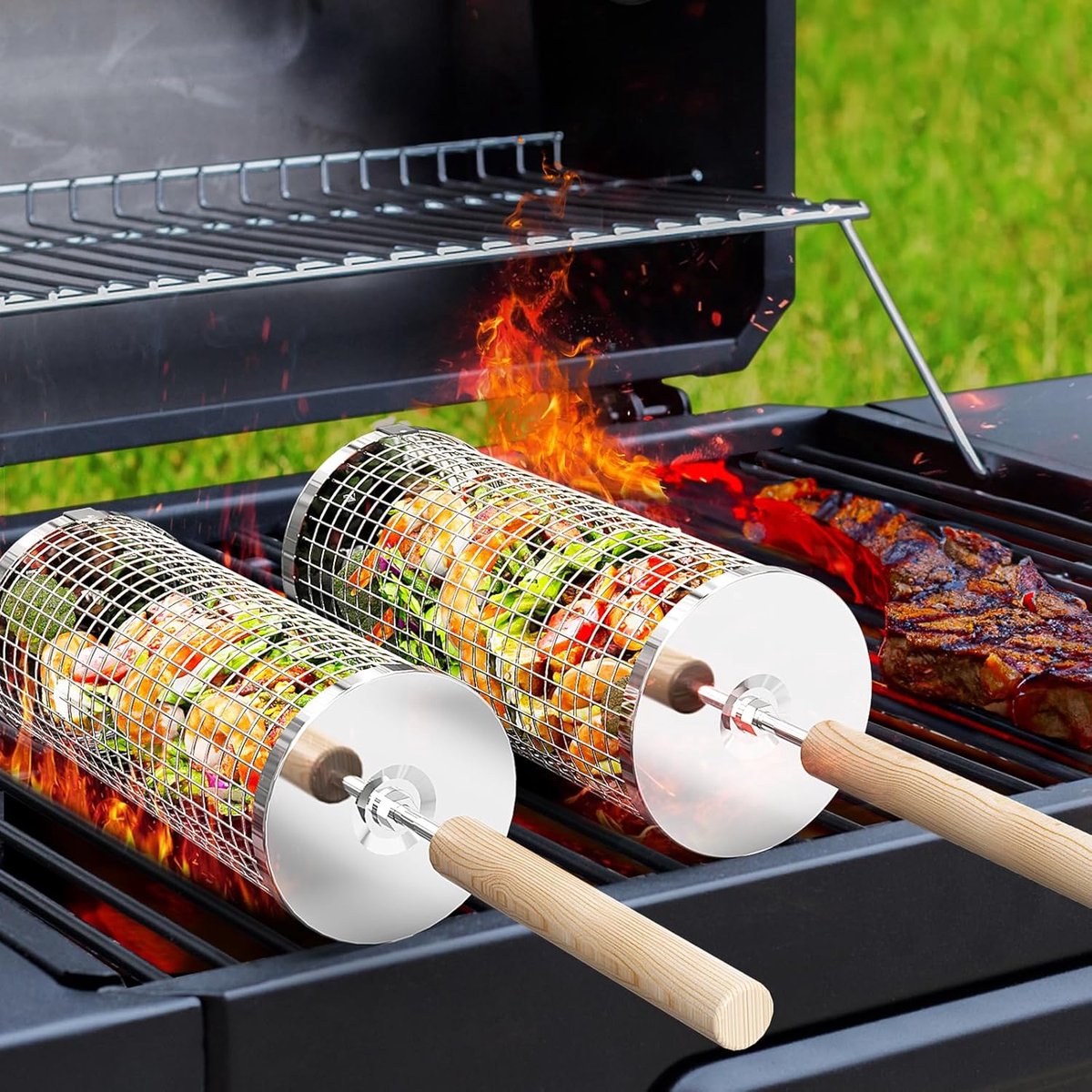 Zandarix Barbecue Rollende Grillmandenset met houten handvat - Grillnet voor de buitengrill voor groenten - Roestvrij staal - (2 stuks, 24 cm x 10 cm)