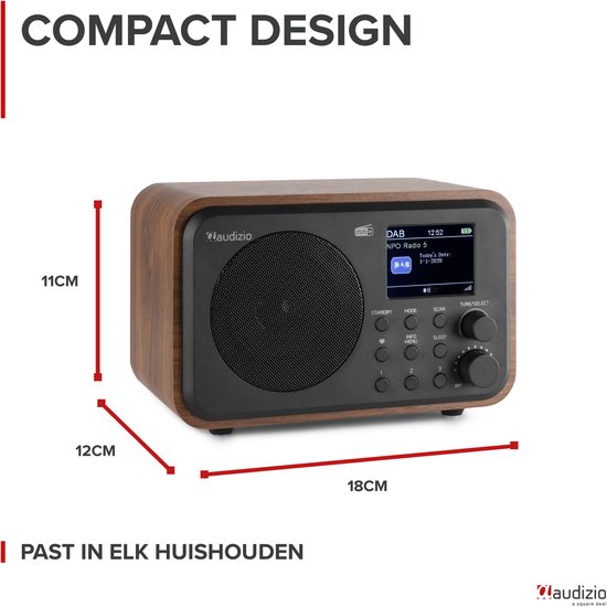 Afmetingen van DAB radio met houtlook: 18cm breed, 11cm hoog, 12cm diep.