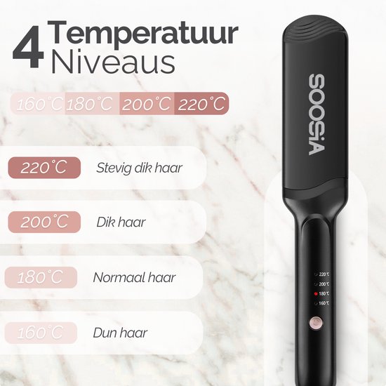 Zwarte stijltang met temperatuurinstellingen van 160°C tot 220°C, geschikt voor dun, normaal, dik en stevig dik haar.