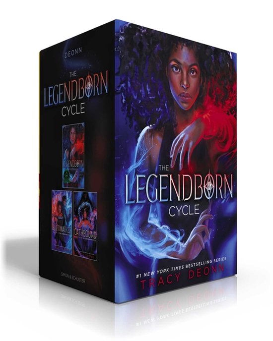 Box set van 'The Legendborn Cycle' met op de voorkant een jonge vrouw met krullend haar, omringd door blauwe en rode gloed. Titel en auteur Tracy Deonn vermeld.