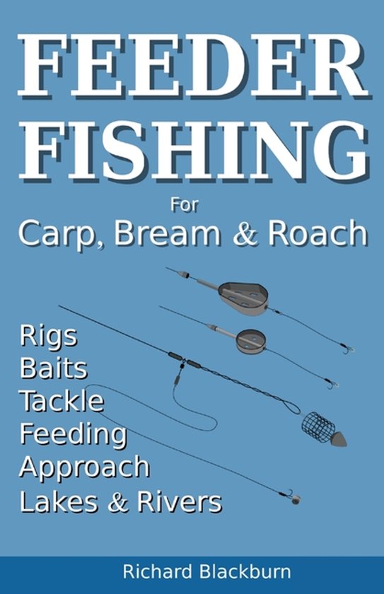 Boek 'Feeder Fishing' met illustraties van visgerei en de tekst 'Carp, Bream & Roach'.