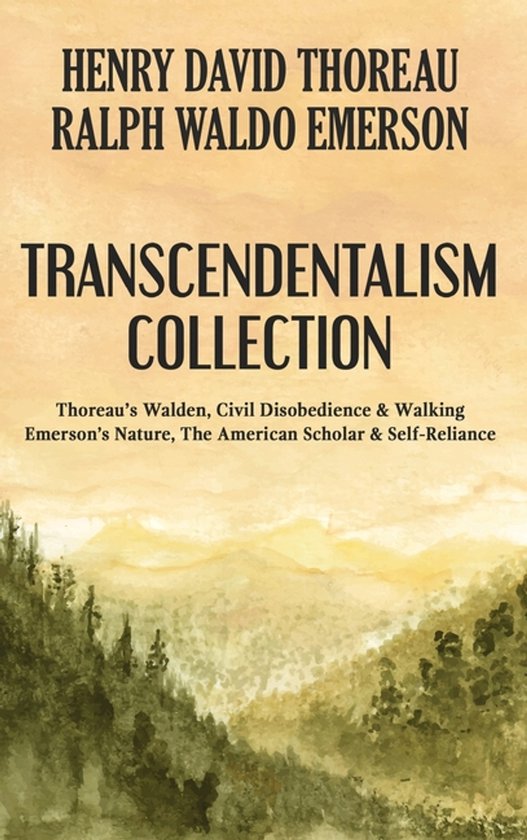 Livre "Transcendentalism Collection" avec les œuvres de Thoreau et Emerson sur fond de paysage.
