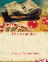 Boekomslag 'The Gambler' van Fyodor Dostoevsky met geld, kaarten en dobbelstenen.