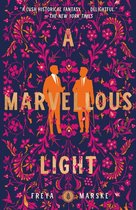 Boekomslag met oranje en roze bloemmotieven op een donkerblauwe achtergrond. Twee mannen in oranje pakken staan centraal. "A MARVELLOUS LIGHT" is in gouden letters weergegeven.