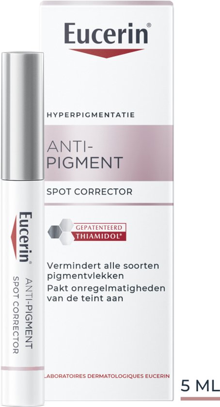 Doos met Eucerin Anti-Pigment Spot Corrector, 5 ML. Tekst: "HYPERPIGMENTATIE ANTI-PIGMENT SPOT CORRECTOR GEPATENTEERD THIAMIDOL®".