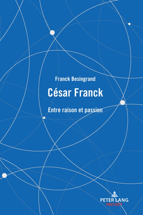 Boekomslag: "César Franck Entre raison et passion" van Franck Besingrand op een blauwe achtergrond met witte lijnen en stippen.