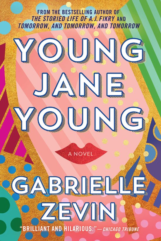 Couverture du livre 'Young Jane Young' avec des motifs roses, bleus et dorés et le titre en grandes lettres blanches.