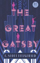 De kaft van 'The Great Gatsby' toont de titel in roze en lichtroze letters tegen een donkerblauwe achtergrond met art deco-stijl gebouw silhouetten en gouden figuren.
