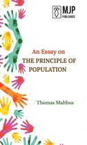 Boekomslag met de titel 'An Essay on THE PRINCIPLE OF POPULATION' en de naam Thomas Malthus, omringd door kleurrijke handafdrukken.