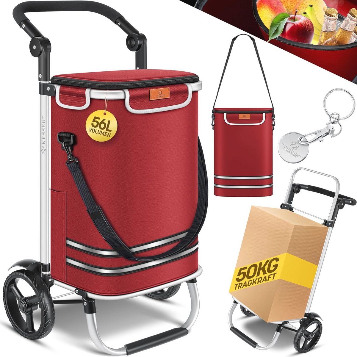 Boodschappentrolley met Wielen en Koelvak - Ruime Opvouwbare Boodschappenwagen tot 50 kg Draagvermogen