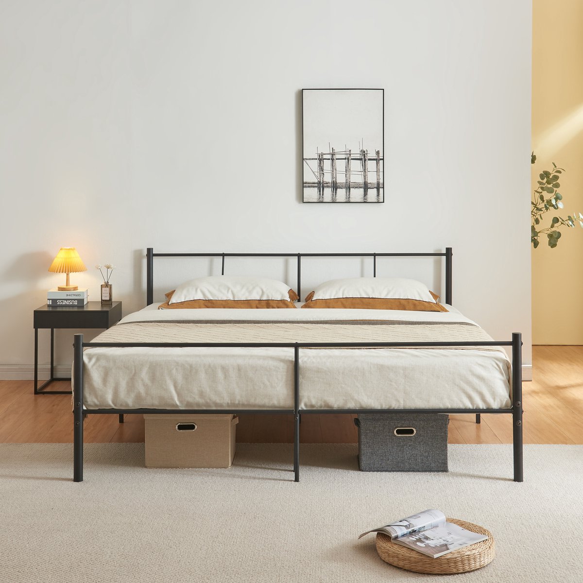 en.casa Stalen bed Laos bedframe met bedbodem zwart 160x200 cm