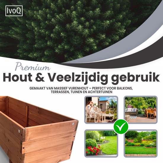 Lege houten plantenbak, met foto's van terrassen en tuinen.