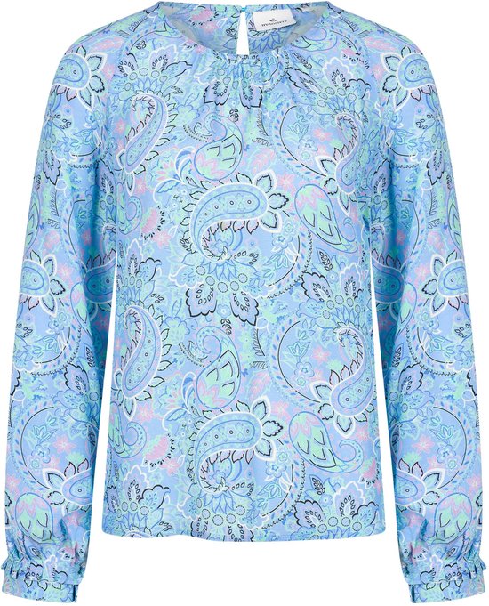 Hv Society Sonny Blouse Seersucker Shirt Blouse with Embroidered Balloon Sleeves Blue/White