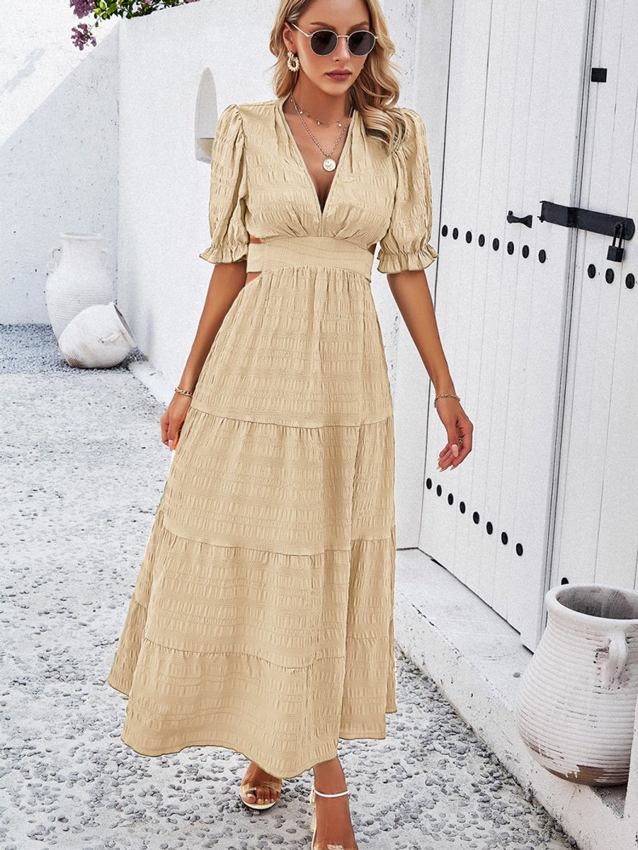 KOJOOIN Zomerjurk voor dames, boho, korte mouwen, maxi-jurk, gesmokt, strandjurk, lange bloemenjurk, ruches, volant, vrijetijdsjurk (herbruikbare verpakking), A-rood, XL