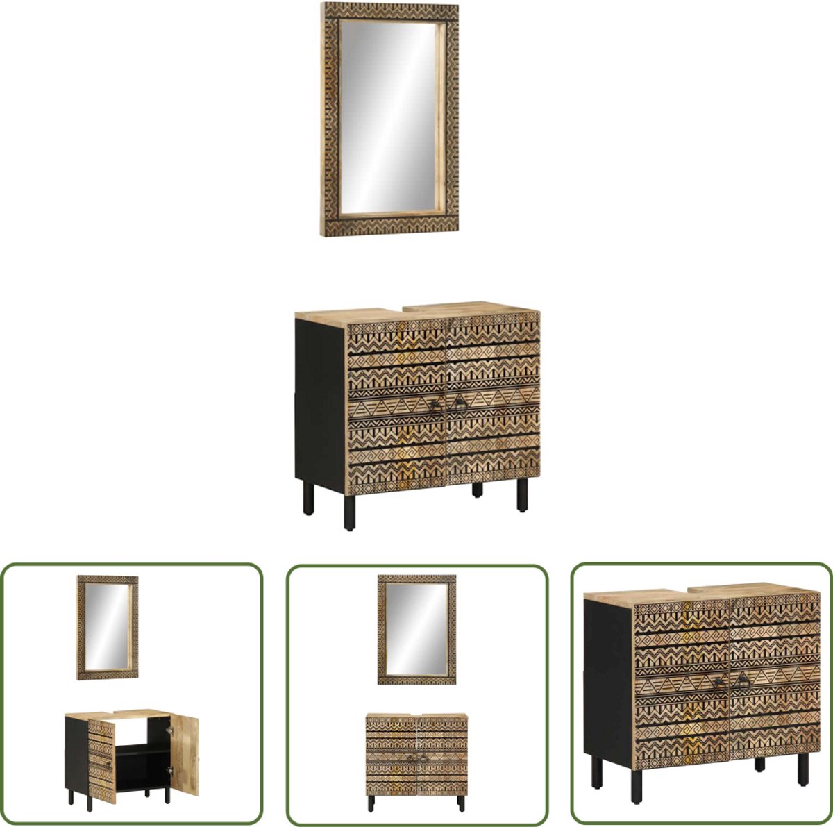 The Living Store 2-delige Badkamermeubelset massief mangohout - Badkamermeubelset - Badkamerspiegel - Mangohout Badkamer - Badkamerinrichting - Vintage Badkamer