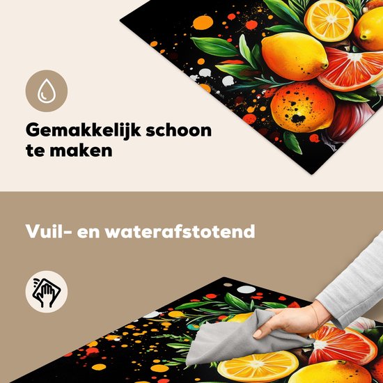 KitchenYeah® Protection plaque induction 60x55 cm - Noir - Citrons - Herbes - Graffiti - Peinture - Protege plaque de cuisson - Couvre plaque induction - Protecteur d'induction - Cuisine