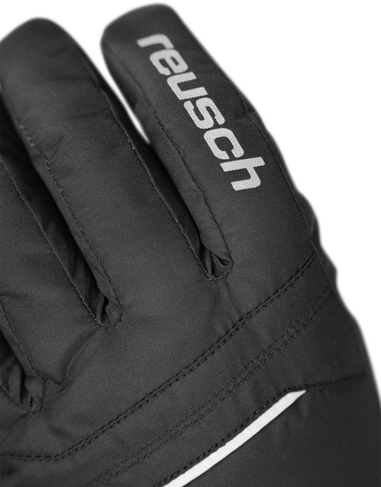 Detail van een zwarte Reusch ski-handschoen met roodge Stitching en 'TOUCH-TEC' logo.