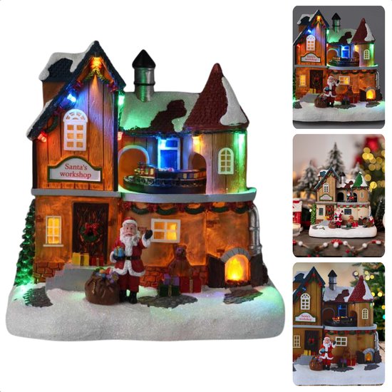 Cheqo® Kersthuisje Polyresin - Kersttafereel - Kerstdorp Huisje - Verlichting & Beweging - LED Trein