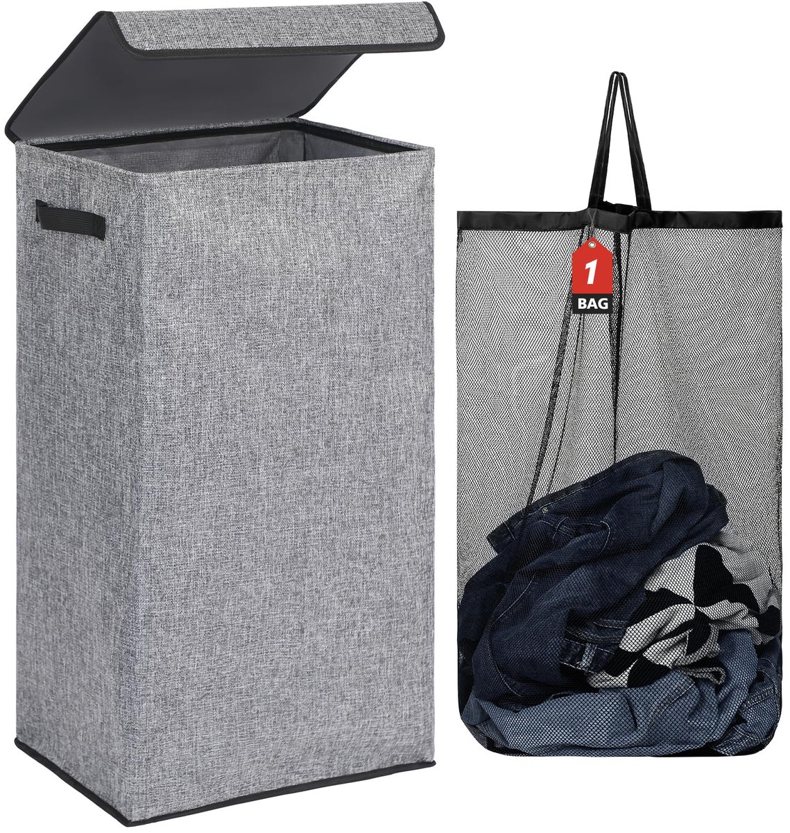 DOKEHOM 100L wasmand met deksel en verwijderbare waszakken, grote opvouwbare wasmand voor slaapkamer, badkamer, wasruimte, universiteit (grijs)