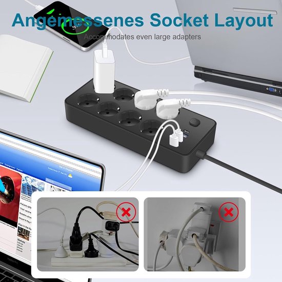 Multiprise 8 Prises + 4 USB Avec Parafoudre – AUOPLUS, 2 Mètres De Câble, Noir